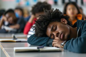 A tired student sleeping in class