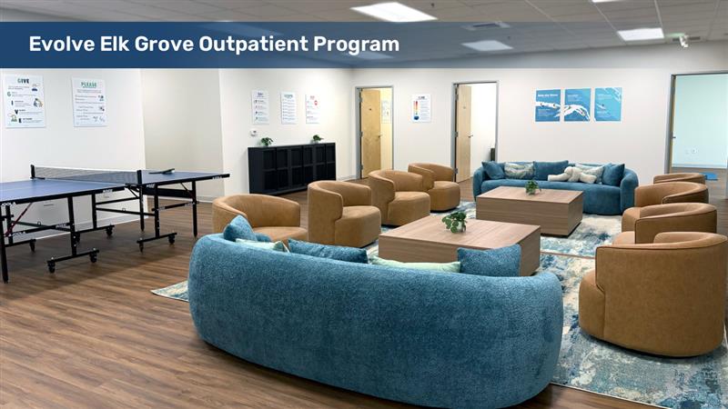 The comfortable main hangout and living space for adolescents at the Evolve Teen Outpatient Treatment Center in Elk Grove.