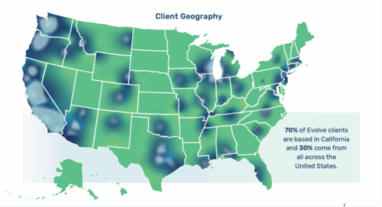 Heat map of where Evolve's clients were from in 2023