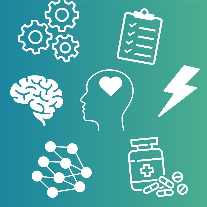 Psychiatric Medication webinar graphic with related icons